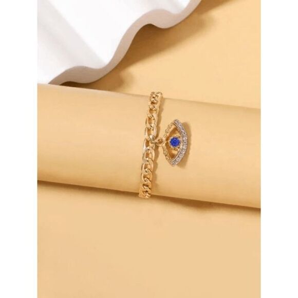 GOLD DIAMOND SAPPHIRE EVIL EYE ANKLET - Picture 2 of 6
